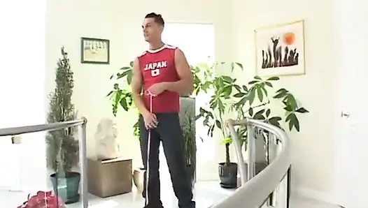 Two guys train and fuck brunette in sexy lingerie