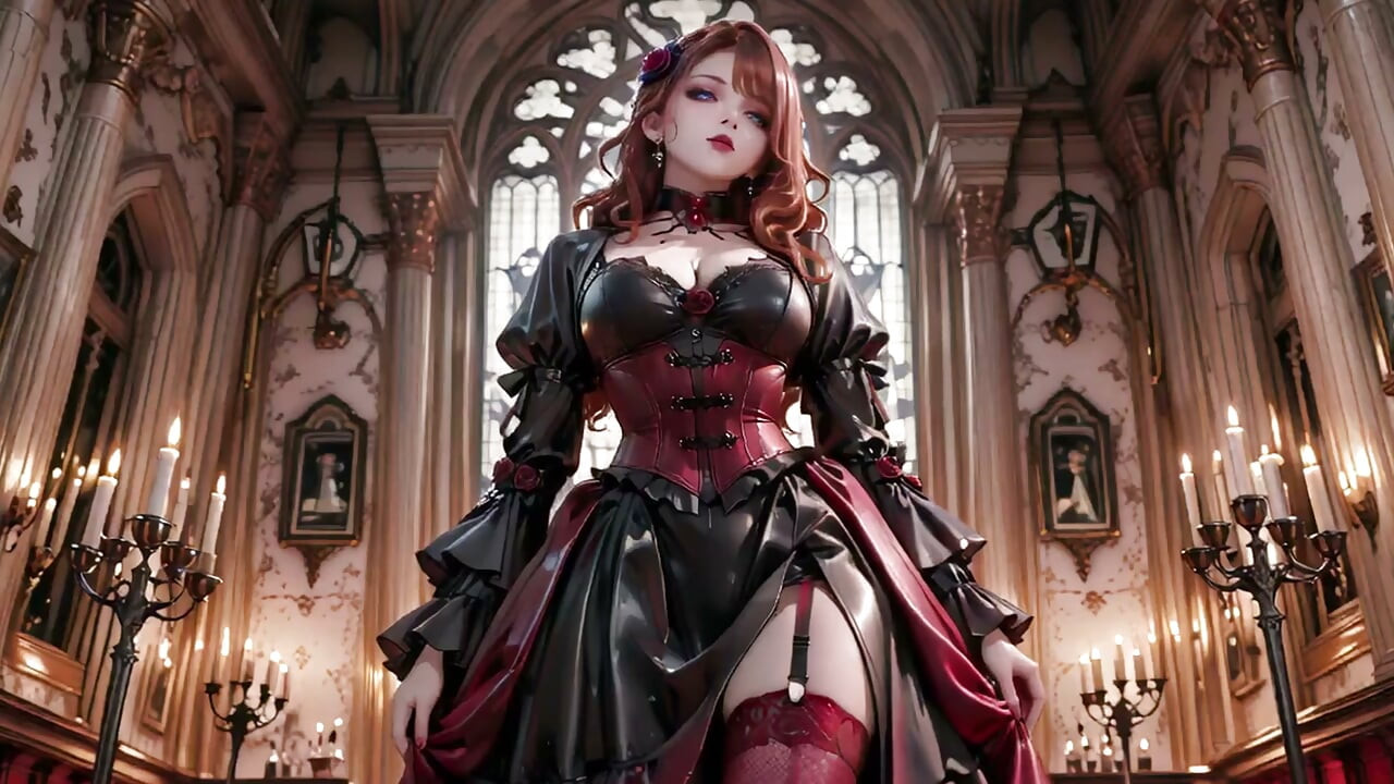 Gothic Redhead Queen! A lavish coronation in the candlelit hall, kneeling with a golden cup and sheer stockings.