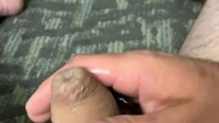 Cum covered small cock