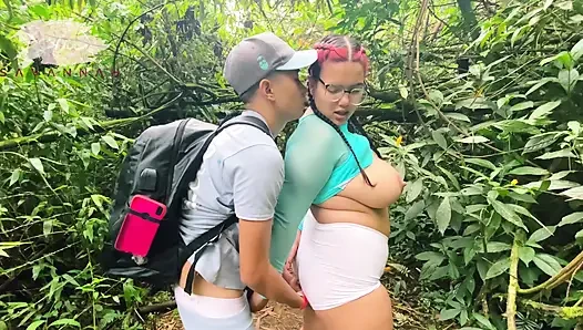 Chubby with glasses training in the woods lets a stranger rip her pants