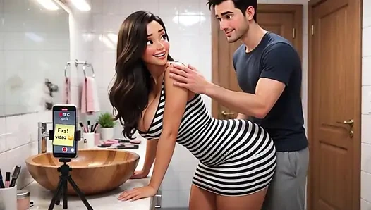 Tombul kadın ve erkek arkadaşı ilk samimi videolarını evde banyoda tek başına kaydediyor (yapay zeka oluşturuldu)
