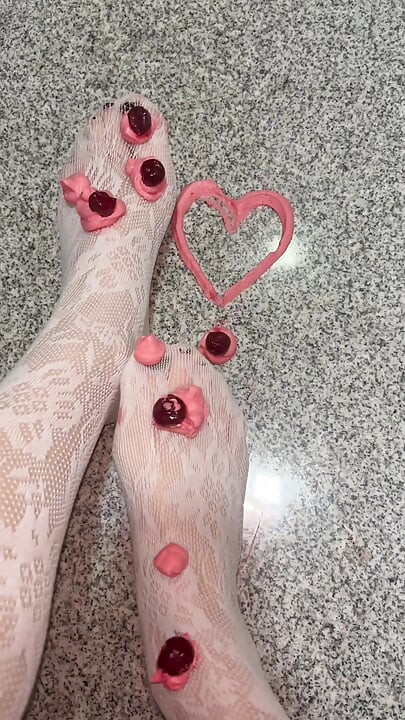 Playing with a whipped cream with my legs in white stockings