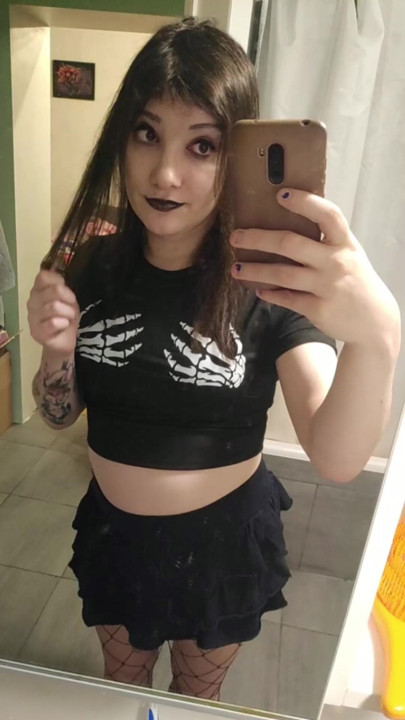Goth girl flashing dick and ass in front of mirror