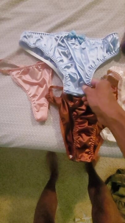 Sissy in pink satin panties cumming with a dildo.