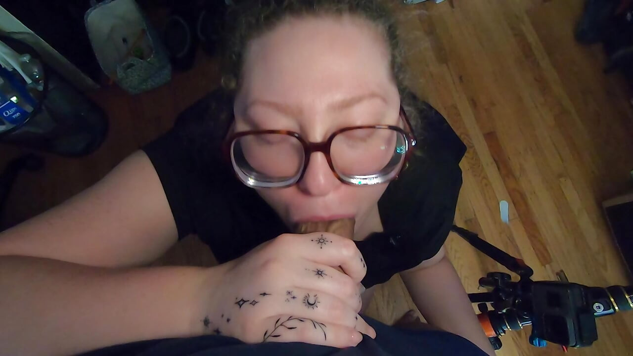 Chubby white girl with Glasses chokes on cock and swallows cum