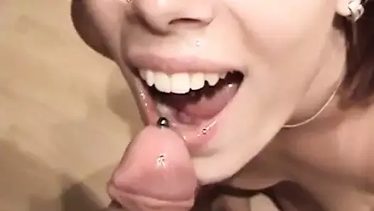 pierced cock ejaculates on pierced tongue