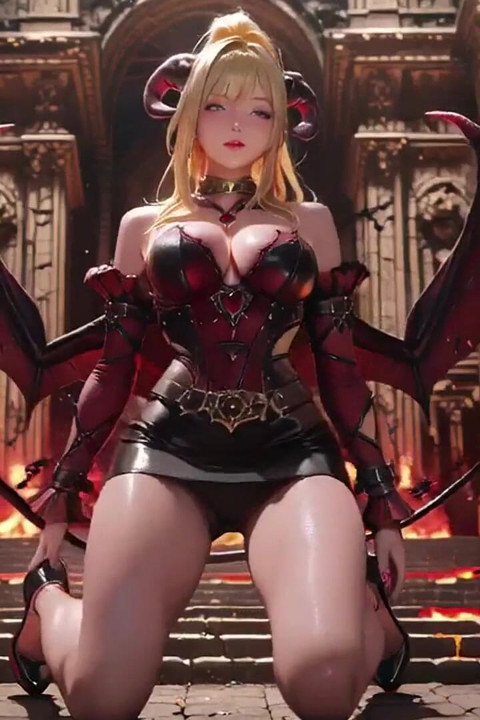 Trône de lave ! La reine démon blonde s’agenouille et écarte ses ailes, taquinage paresseux avec un verre.