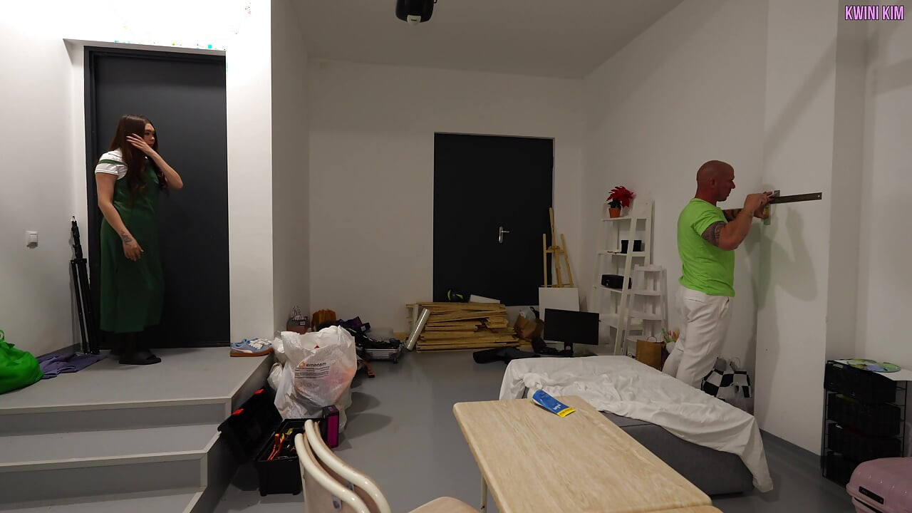 Asian with a Wet and Hairy Cunt Fucked a Builder in a Mouth and Was Fucked His Huge Cock Hard in a Dirty Garage