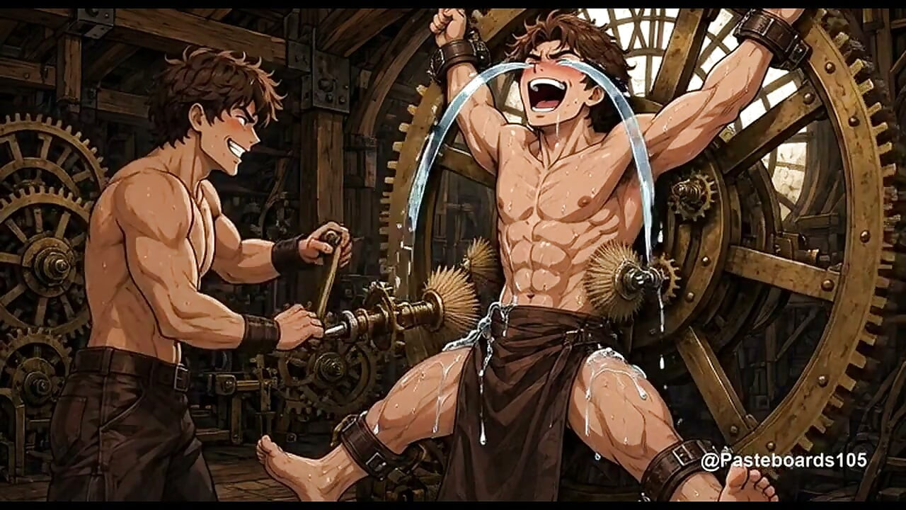 Caught In The Giant Clockwork - Clockmaker Strapped In The Gears, Bristle Pads Sweeping His Sides An