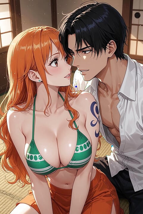 Nami is a slut, she heats her best friend until she eats his big cock and swallows his milk - AI-generated content