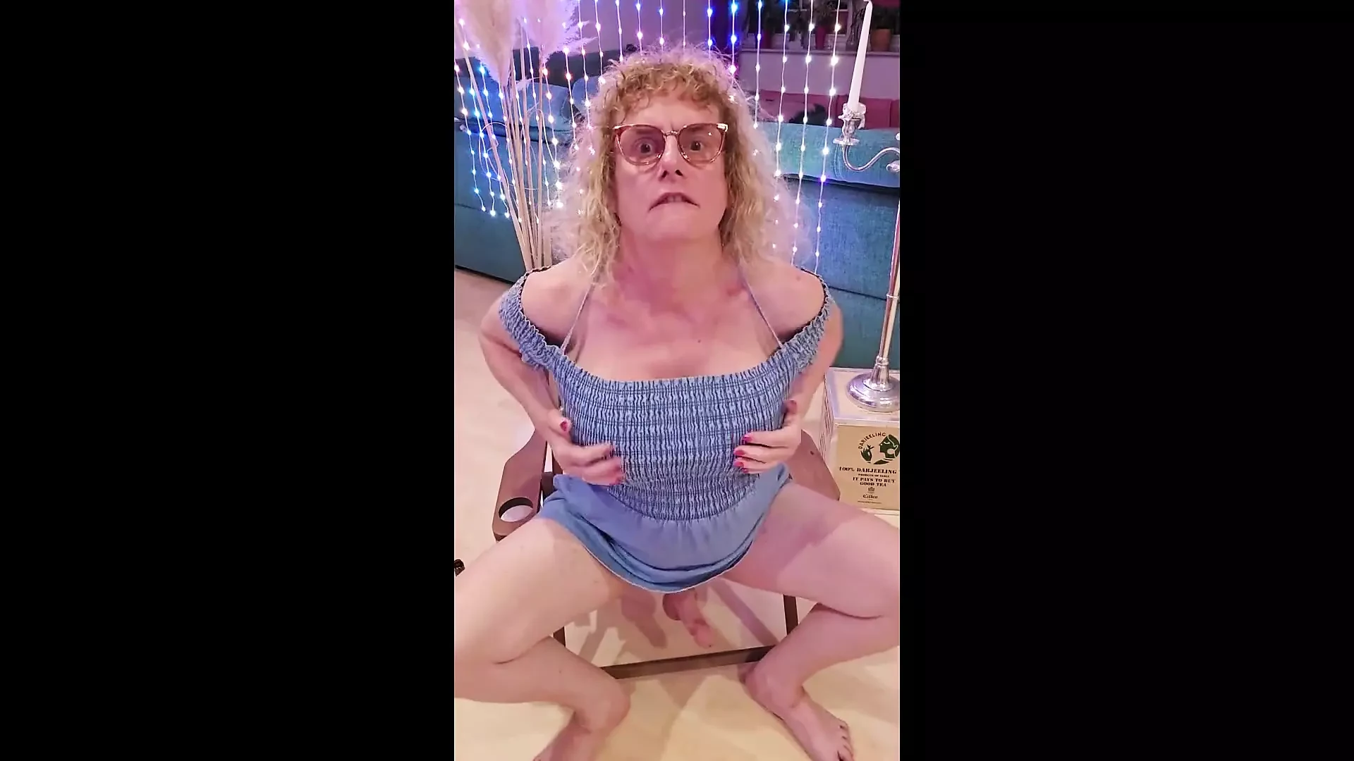 Tslillysophie in Cute Jeans Dress Shows Her Big Tits and Plays with Her Hard Girlsdick Until She Cums Late Night