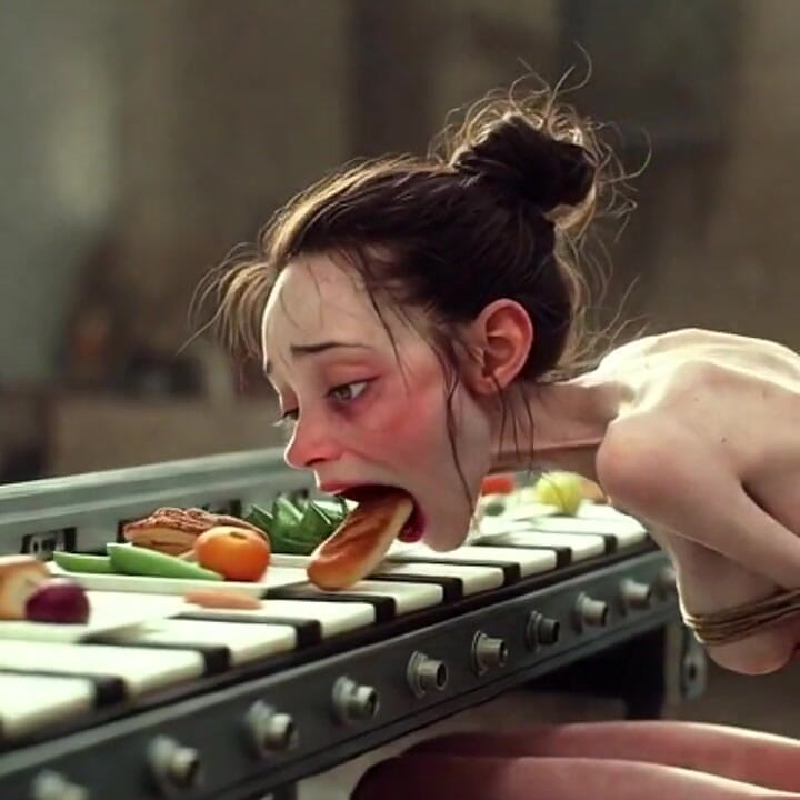 Chica extremadamente flaca atada - rellena de comida hasta que se llena