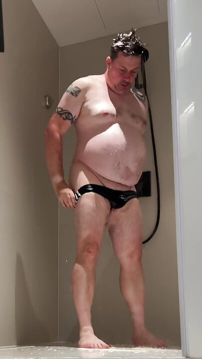 Tight Black Swimming Trunks Piss Cum and Shower