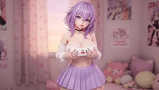 Thicc Purple Hair Anime Girl Twerking Big Ass in Garter Belt