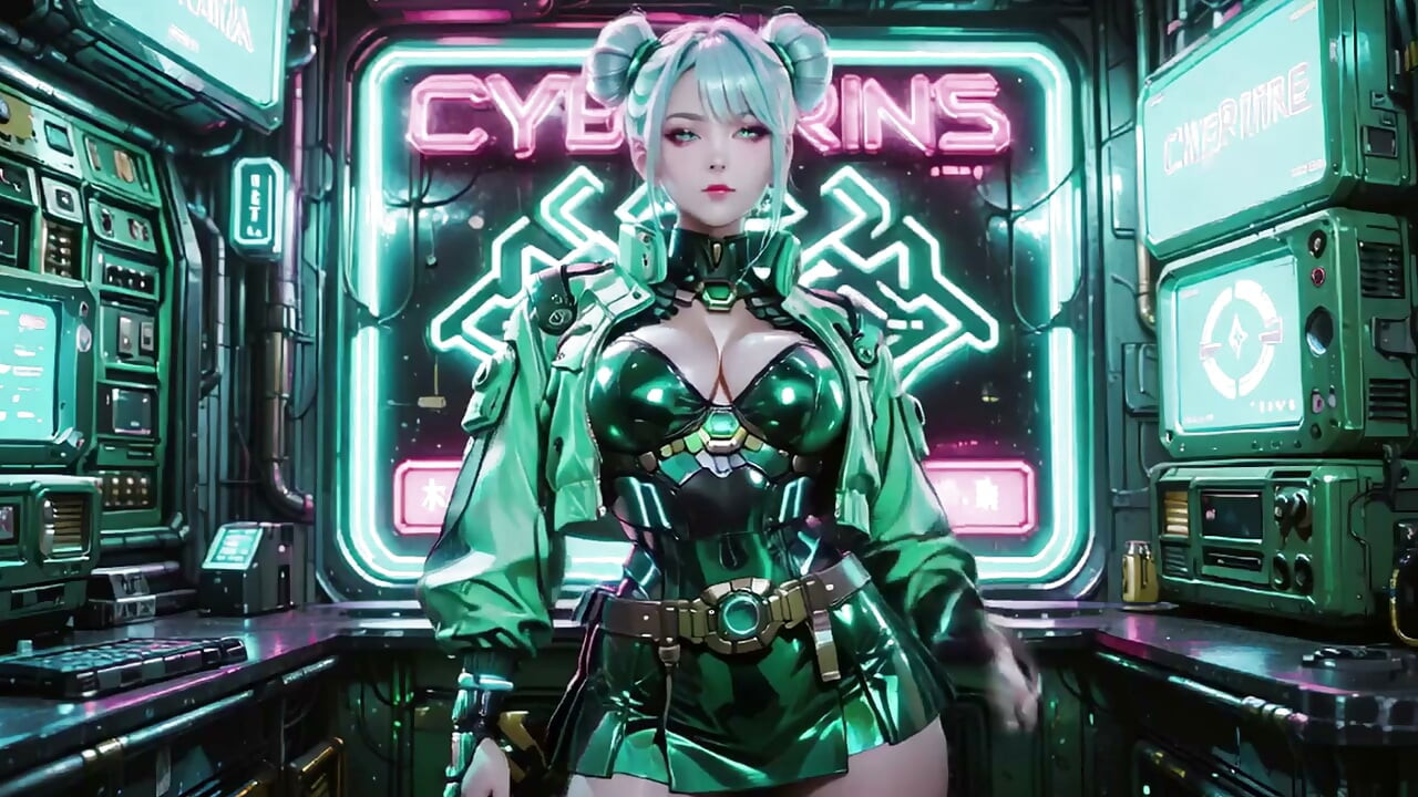 The Green Armored Girl! Valkyrie cu păr argintiu îngenuncheată și privind înapoi, vârfurile degetelor urmărind costumul ei metalic rece.