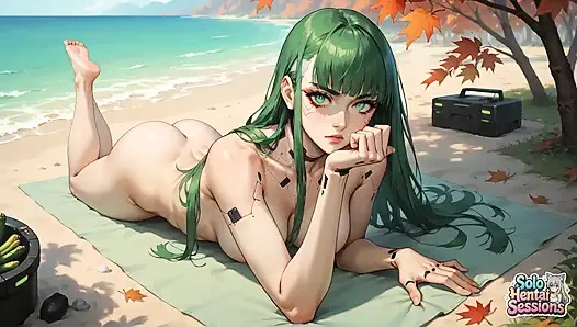 Plaj kenarında yeşil tanrıça tesellisini içiyor