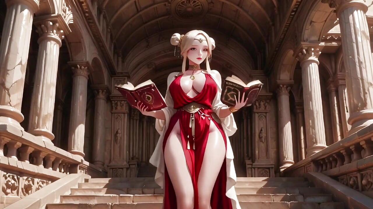 Blonde Goddess in Red! Forbidden Gaze in the Ancient Corridor, Deep V & High Slit teasing you.