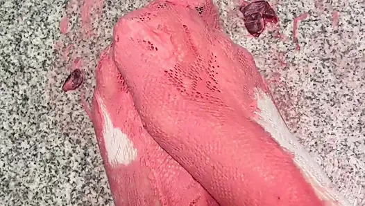 Playing with a whipped cream with my legs in white stockings