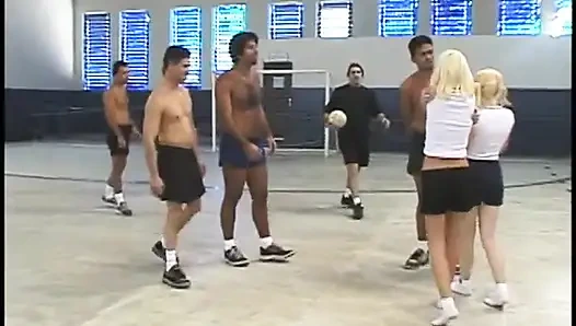 Two blonde chicks gets shared between a group of horny guys