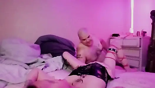 Romantic couple make love in bedroom, wife wears a leather corset and a hot miniskirt so she can ride, with POV view!