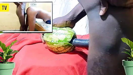 Teen Fucking watermelon while watching porn movie of Dicksex and Givensex fucking together till I got CUM, so wet and hot pussy!
