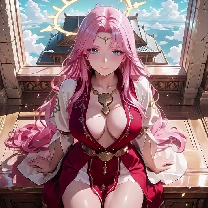 Sacred Red Robes Reveal a Private Bedroom Where She Kneels by the Bed, Eyes Hazy and Lips Parted
