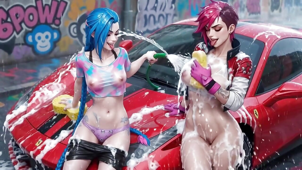 Jinx and Vi Washing the Red Ferrari Wet and Soapy