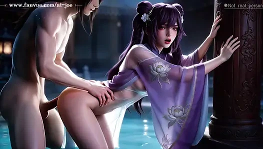 A beautiful woman with long classical purple hair, giving you a fairyland-like experience, 3-way sex,  Episode Two  AI-generated