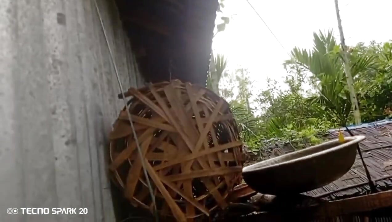 Girl Sweeping the Yard Naked in the Rain - Outdoor Scene