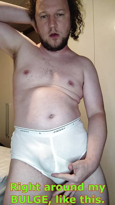 Verbal tease and cum in white Jockey Y-front full rise briefs