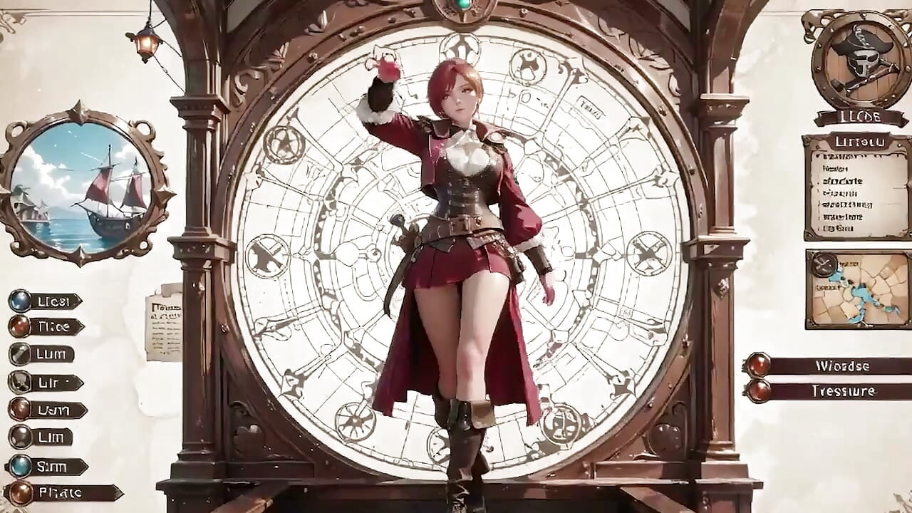 Capitaine pirate rousse ! Elle joue avec sa jolie dans une cabine de navire vintage.