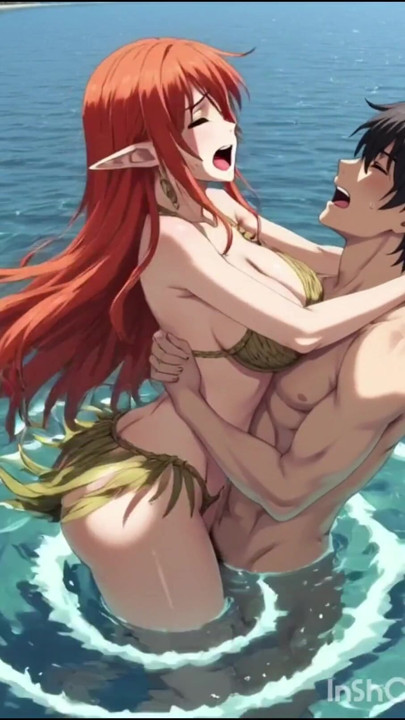 Roodharige anime hentai-meisje neukt in het water | Clip 2