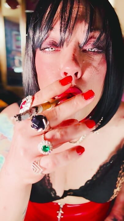 A Stunning Brit Smokes A Cigarette Using A Holder - Tina Snua Smoking Smoker Leather Bra