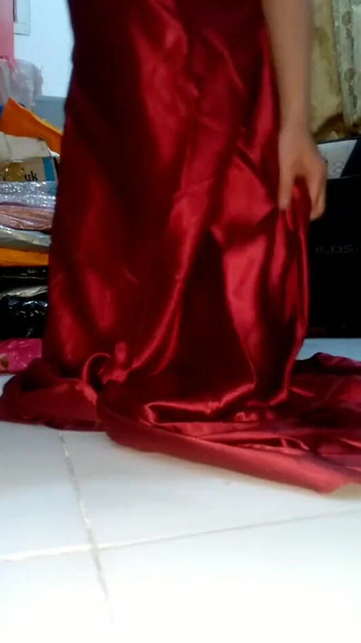 Pulsating Cum Into Red Satin Long Gown | Clip 1