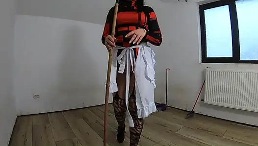 Naughty Maid Teases with Broom and Mop in a Dusty Room