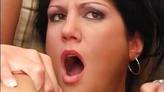 Amazing Gang Bang with this sexy brunette getting cum on her ass and shaved pussy