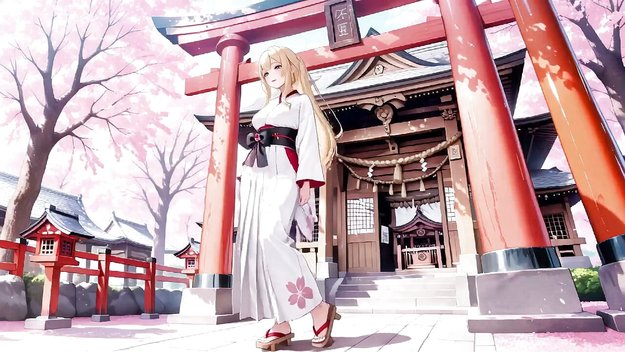 Blonde Miko in the Shrine! Taboo Whispers Under Cherry Blossoms, White Skirt Too Revealing!