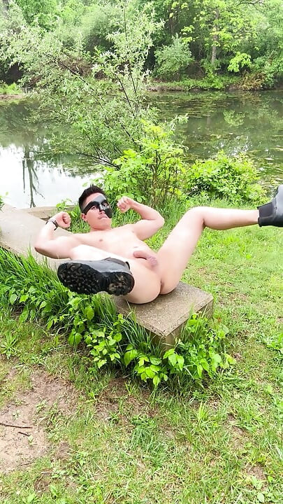 Naked Asian Muscle God Walks the Park Bare - Flexes Hard & Cums Huge