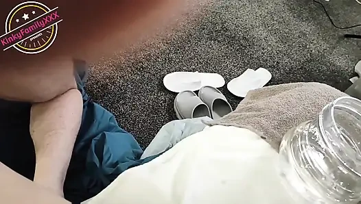 Mistress Fucks Her Slave Husband in the Ass with Her Feet and Rubs Her Juicy Pussy in Excitement