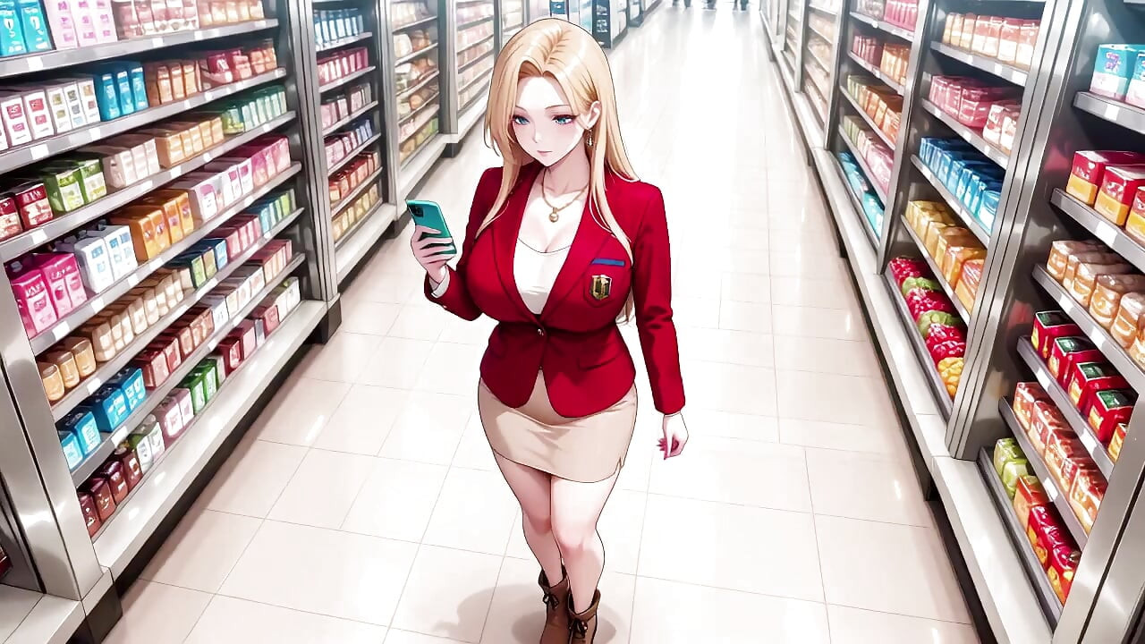 Red Suit Blonde; From Supermarket Stroll to Lazy Orgasm, She Even Puts Her Legs up on the Desk?