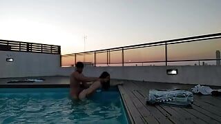 cumming a lot in the pool at sunset - accounter adventures