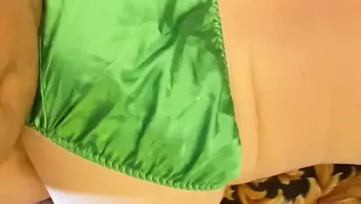 Fucking my panty friend in green satin bikini panties.