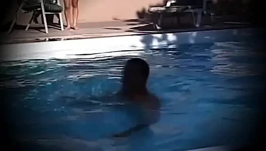 Girl with Hairy Pussy Fucked by Three Big Cocks in the Pool