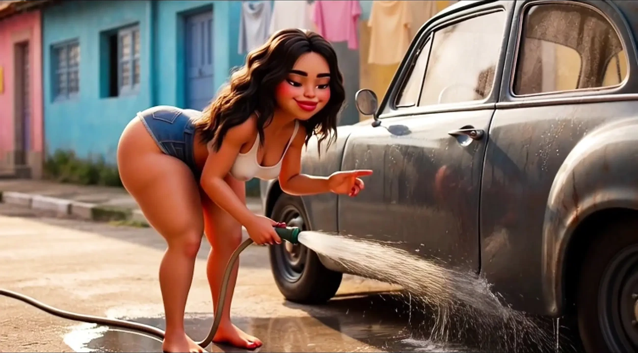 Hot Slim Favelada With Huge Ass Washes Car Wearing Tiny Wet Bikini Then Gets Fully Naked Covered In Thick Foam
