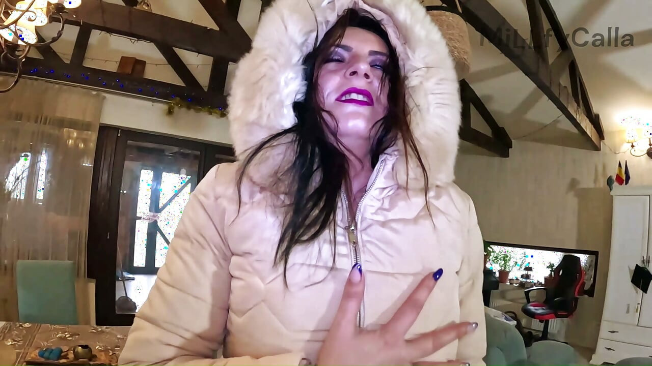 Glossy Downjacket Fetish Try-On. Fur Hoods, Deepthroat, Masturbation and Cum Finish