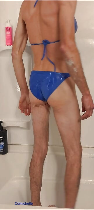 Cdmichelle Taking a Shower Wearing Blue Swimsuits Jacking off Till Cum