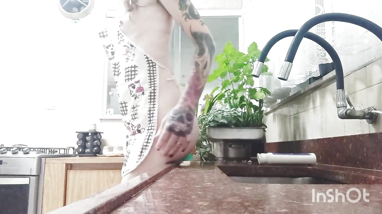 Trans Housewife Masturbating and Cumming in the Kitchen