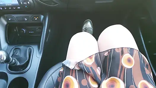Horny stepmom teases her stepson with her sexy legs in stockings in the car