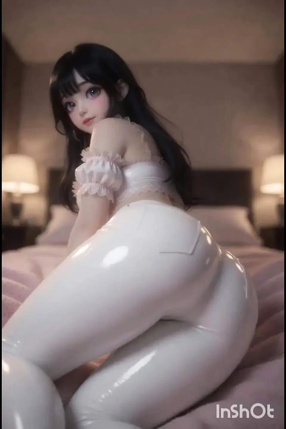 Pretty dark-haired anime girl, white leather pants