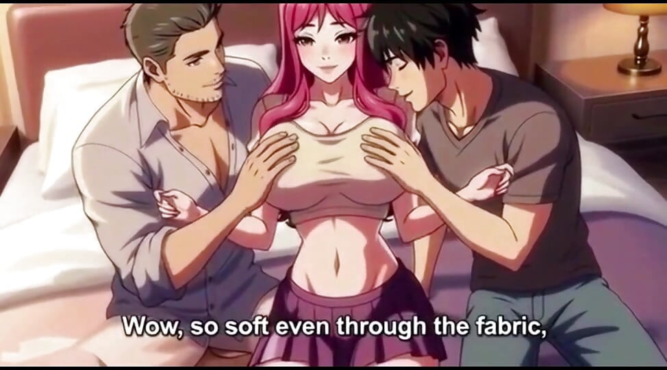 Two boy and one girl threesome in hotel room